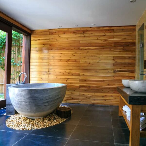 Tranquil zen bathrooms with bamboo walls and him/her sink