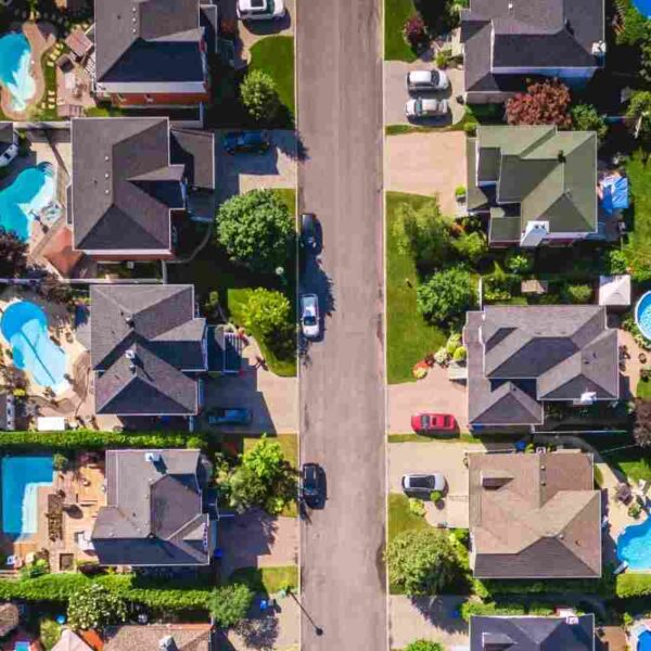 Aerial photo of single family homes, condos, and townhomes