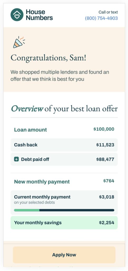 House Numbers debt pay down overview screen